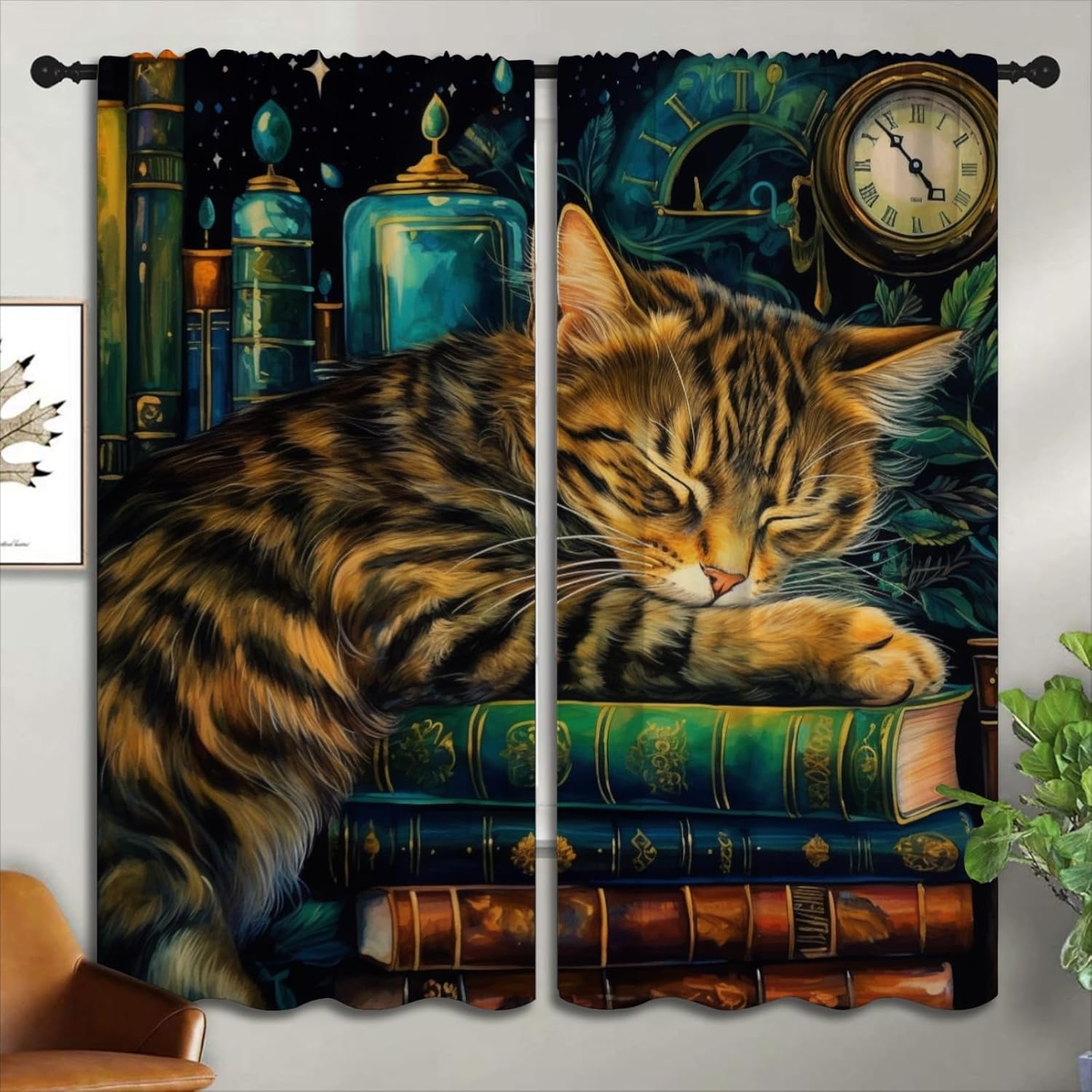 Library Bookshelf Blackout Curtains for Boys Girl Bedroom Home Decor,Watercolor Study Reading Book and Cartoon Cat Thermal Insulated Rod Pocket Darkening Living Room Window Drapes, 55 x 63 inch