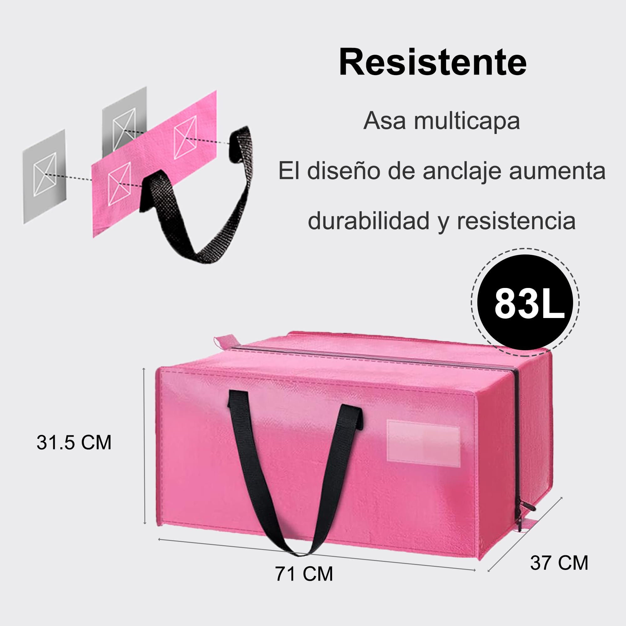 FUSHITON Bolsas de Mudanza Rosa 6 Unidades, Extra Grande 83L Bolsas de Almacenamiento con Cremallera y Asas Reforzadas, Bolsas Plegables para Mudanza, Ropa, Ropa de Cama