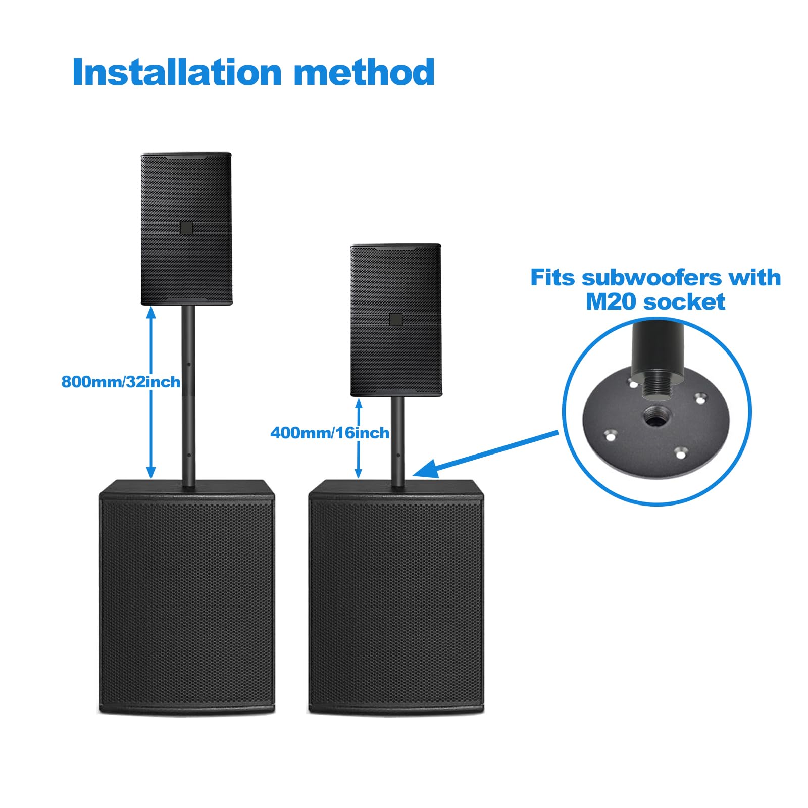 Supporto per asta per altoparlante, asta per subwoofer, asta per altoparlante estesa da 40,6 cm, con asta per altoparlante da 35 mm e M20 (2 confezioni nero)