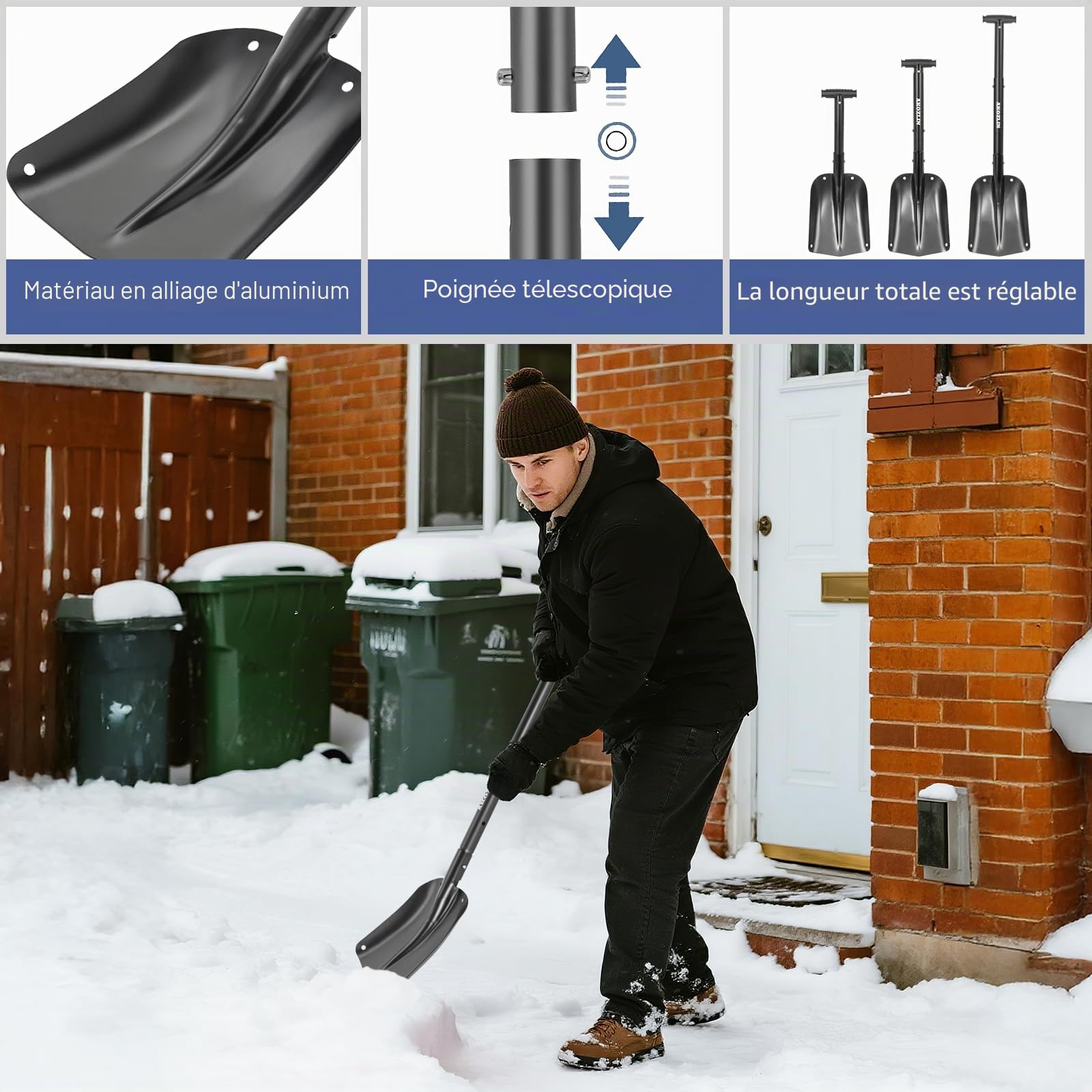 Pelle à neige télescopique d'urgence avec grattoir à glace et sac de transport pliable en aluminium de 53,8 à 82 cm, pelle d'urgence rétractable légère pour voiture, motoneige, jardin, camping