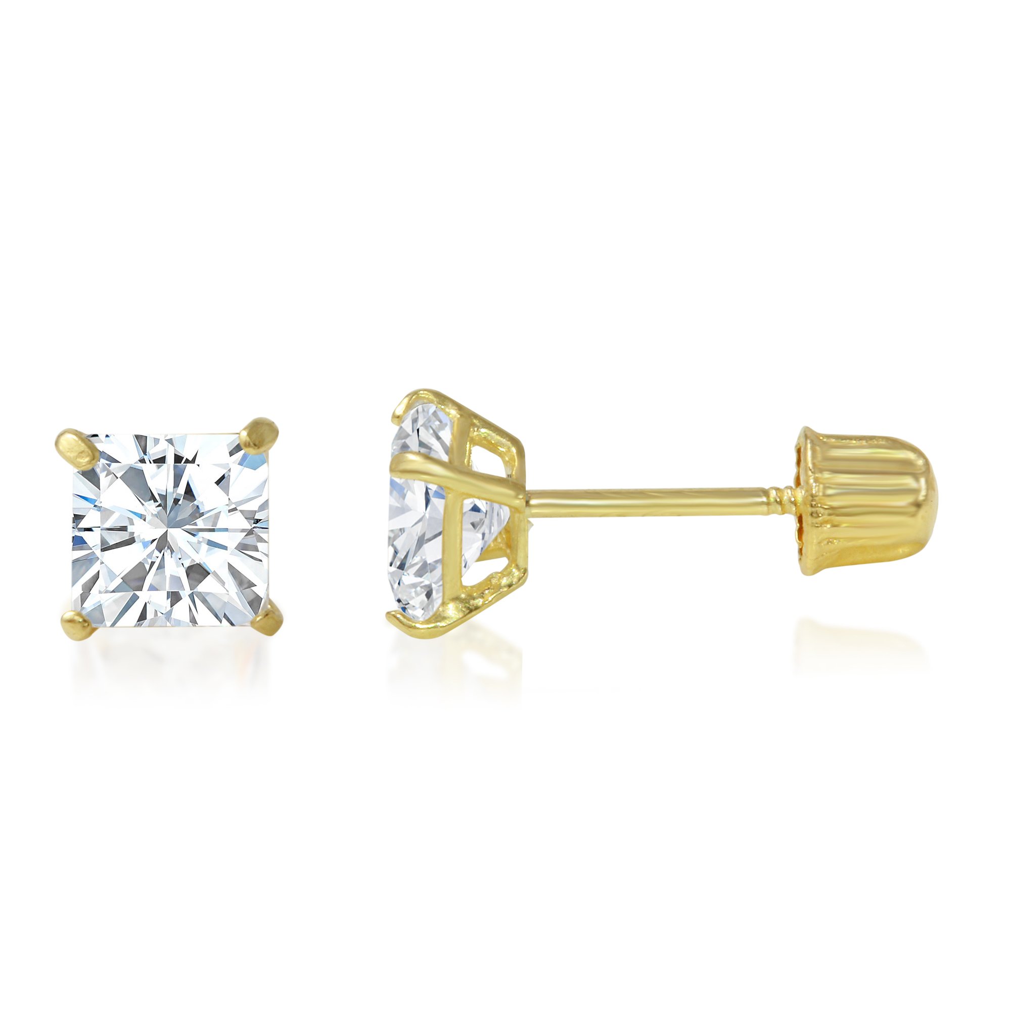 IOKA 14K Solid Gold Princess Cut Cubic Zirconia Stud Earrings with Secure Screw Backs | AAA CZ Square Solitaire Sparkle for Men &amp; Women | Yellow or White Gold (2mm-7mm, 0.1-1.75ct)