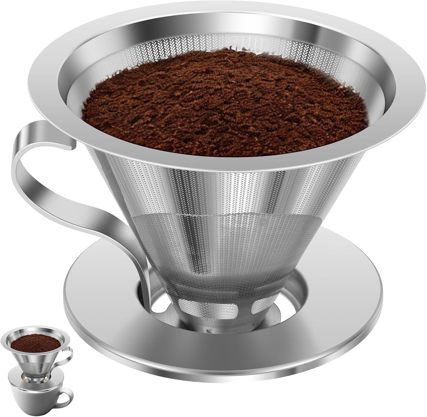 Pour Over Coffee Dripper, Stainless Steel Pour Over Cone Coffee Dripper Strainer with Handle, Reusable Paperless Pour Over Coffee Filter for Mugs, Compatible with Most Household Cups