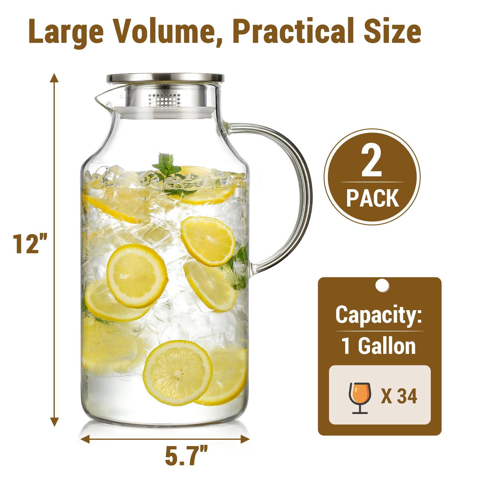 Confezione da 2 brocche in vetro ispessito da 1 gallone con coperchio e beccuccio, caraffa in vetro borosilicato per bevande calde/fredde, brocche per acqua per frigorifero, brocca extra large con