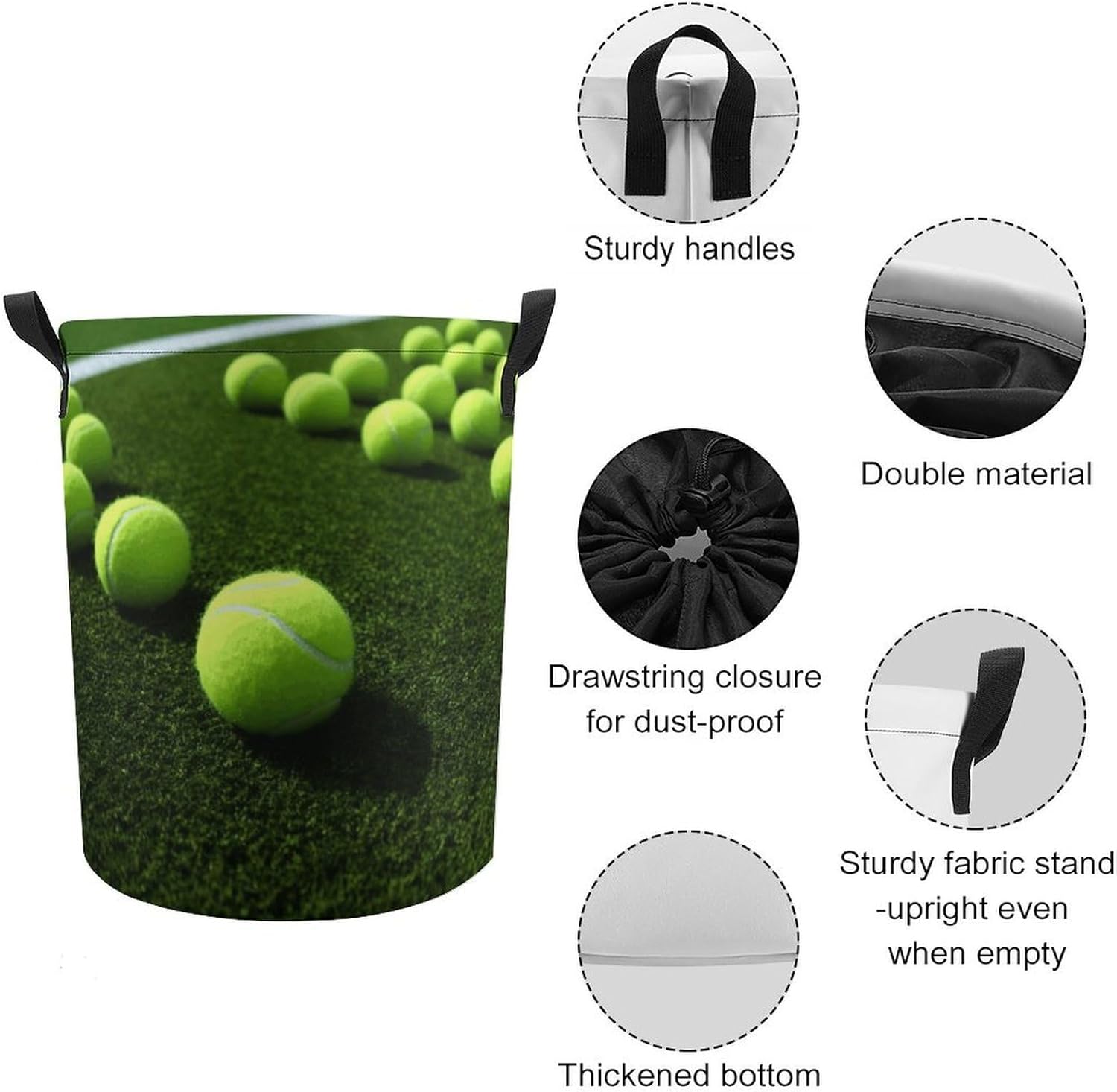 Tennis Balls on Tennis Grass Court Laundry Basket Collapsible Clothes Hamper with Reinforced Handles Large Capacity Waterproof Laundry Bag Freestanding Laundry Hamper for Bedroom Bathroom