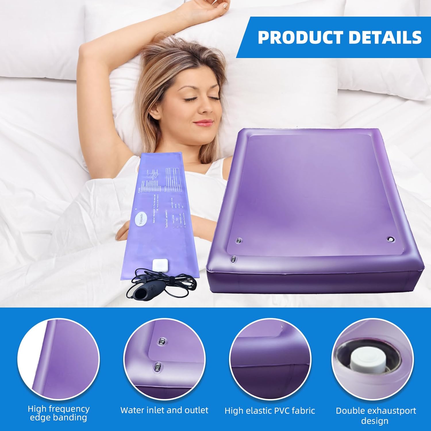 Free Flow Full Wave Water Mattress, Ergonomic Design Durable PVC Water Bed with Water Bed Heater, Water Pipe, & Electric Air Pump, Without Additional Frame (Queen-60" x80")