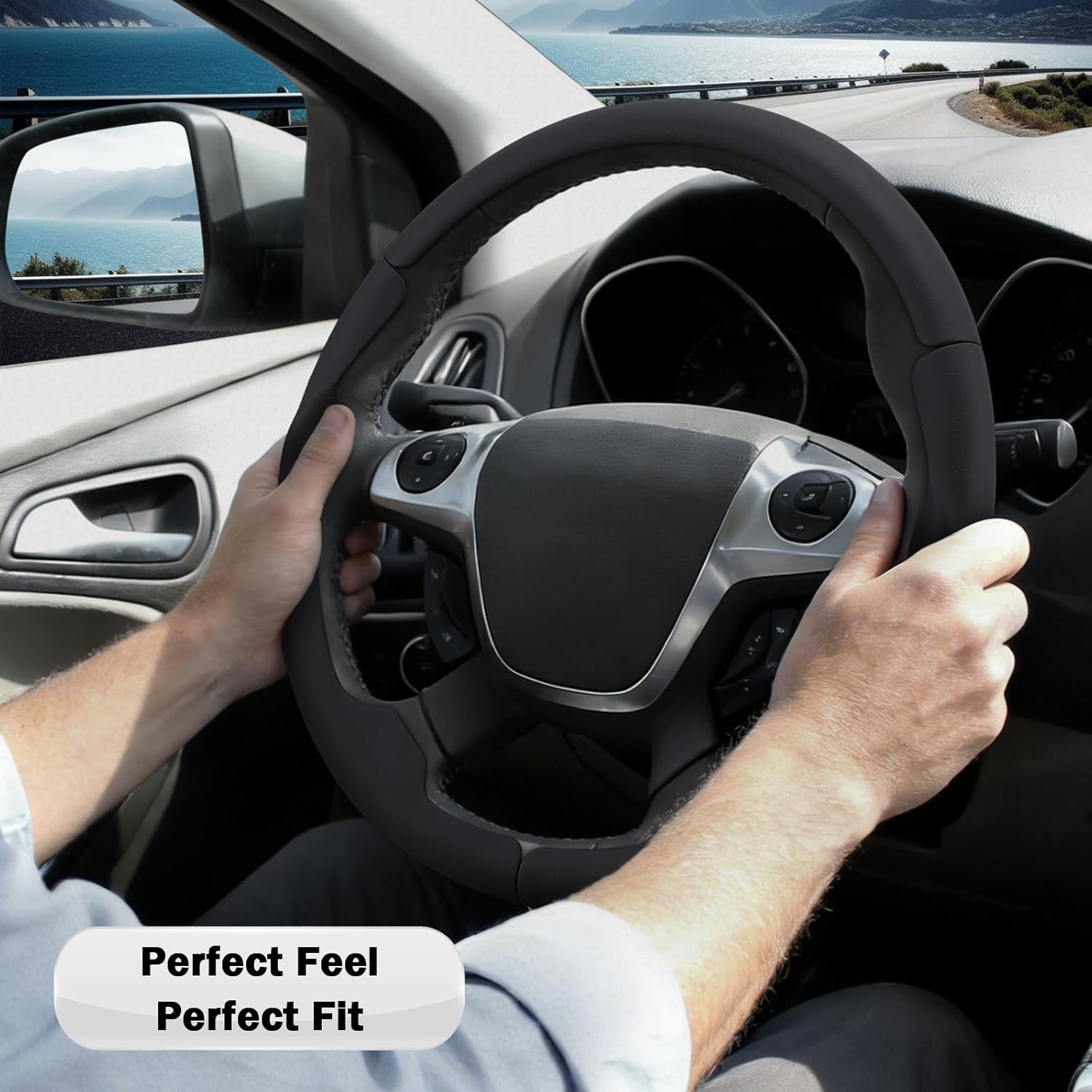 Steering Wheel Cover for Ford Escape 2013-2016/ Focus 2012-2014/ C-MAX 2013-2018, Car Steering Wheel Cover Accessories Protector for Ford (Black Leather)