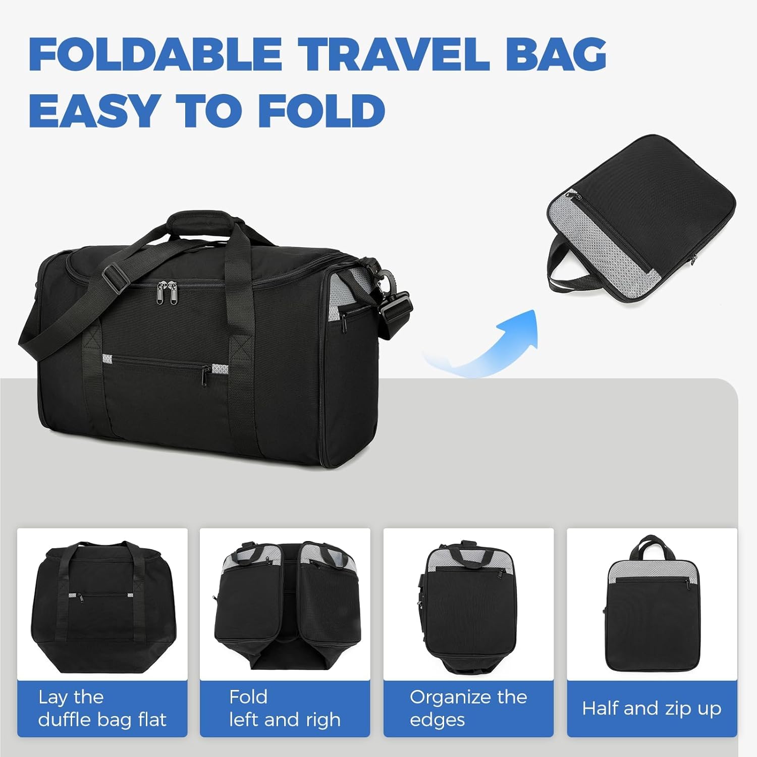 18 inch Small Gym Bag for Men - Foldable Duffel Bags for Airplanes Carry On Duffle Bag for Travel, Black - Image 6