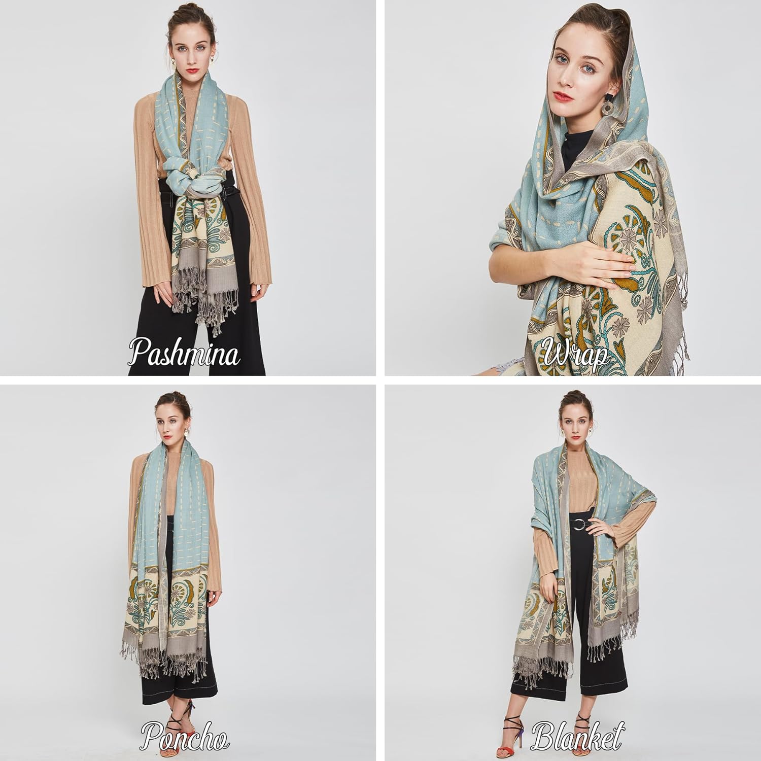 DANA XU 100% Merino Wool Pashmina Shawl for Women 96"x43", Oversized Cashmere Wrap with Tassels, Floral Travel Blanket Cape - Image 5