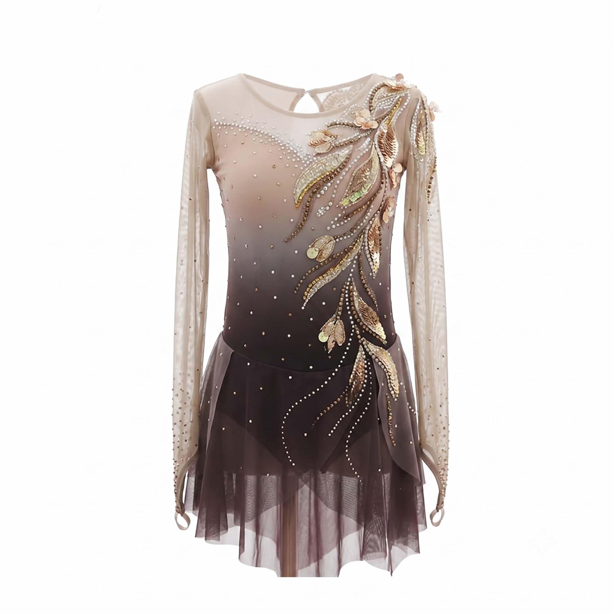 purpleq Vestido de Patinaje Artístico, Leotardo con Bordado de Hoja de Oro y Pedrería Hecha a Mano, Traje Profesional para Competencias de Patinaje sobre Hielo, Danza y Presentaciones