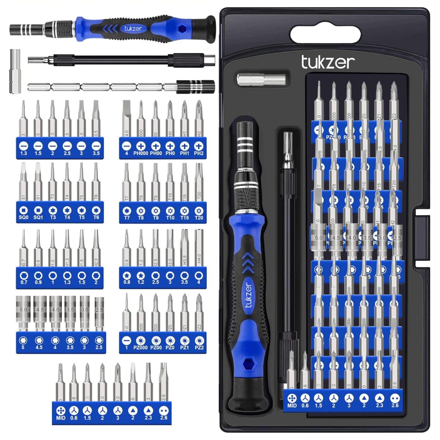 Tukzer 62 in 1 Precision Screwdriver Set, Chrome Vanadium Steel,Repair Tool Kit with Magnetic Steel Bits, Extension Rod, Flexible Shaft for Smartphones, Laptops, Watch, ipad, Tablets, Camera-Blue