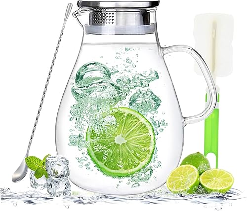 Jarra de agua de vidrio de 85 onzas, jarra de vidrio con mango de tapa y boquilla, vidrio de borosilicato resistente al calor, jarra de té helado