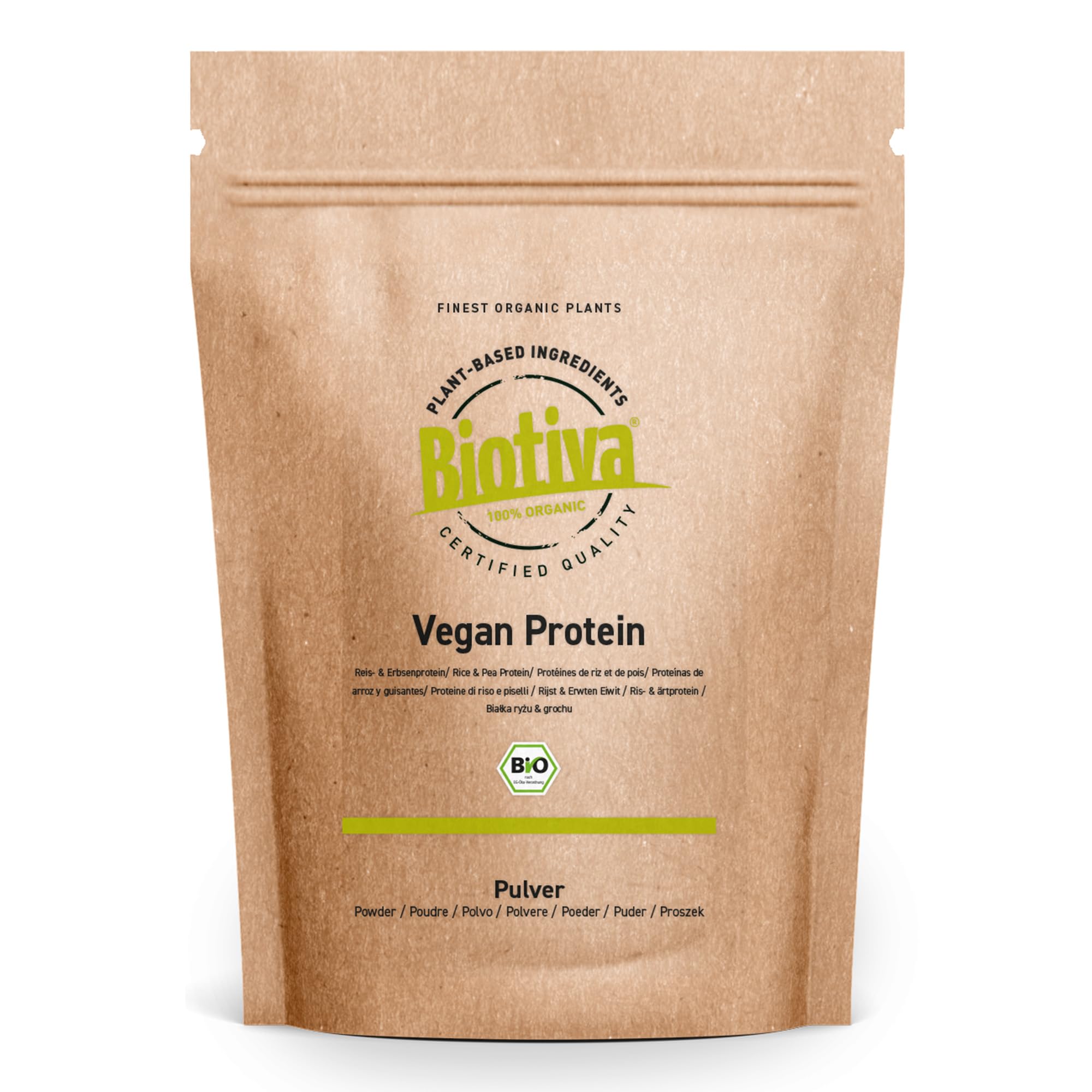 Vegan Protein Pulver Bio - 83% Protein - ohne Soja - Erbsen- und Reisprotein - 23g Eiweiß je Dosis - Vegan - Abgefüllt und kontrolliert in Deutschland - Biotiva