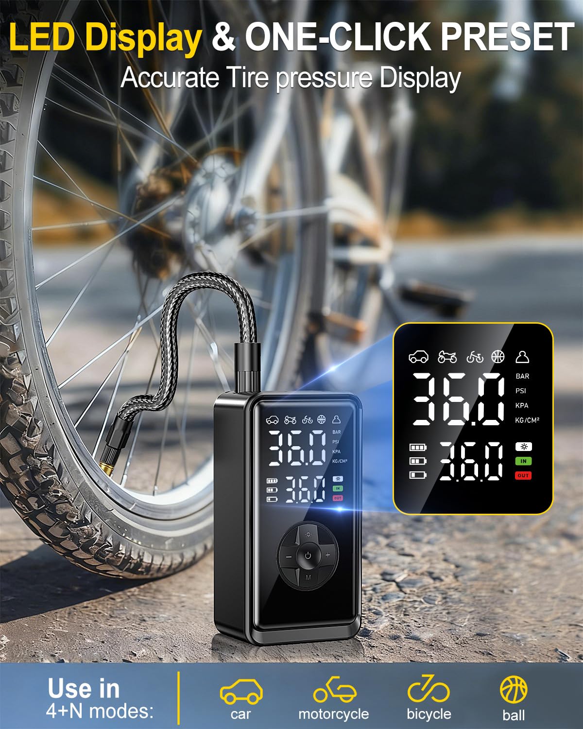 Tire Inflator Portable Air Compressor, Auto Air Pump for car tires with Digital Tire Pressure Gauge, Dual Digital LCD, Pocket Air Compressor for Cars, Bike, Motorcycle, Ball