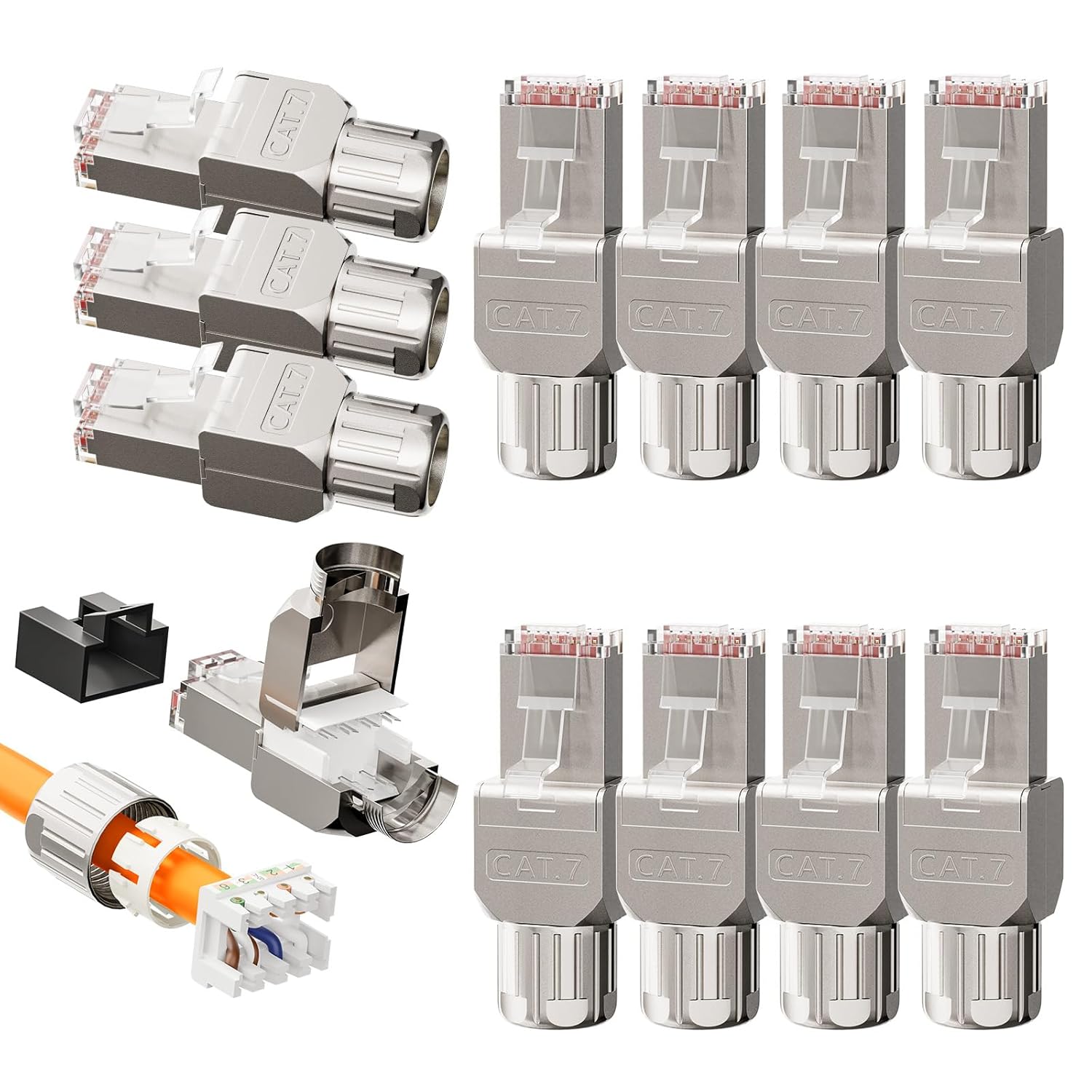 VCELINK CAT7 RJ45 Toolless Connector, Zinc Alloy Shielded Tool Free Ethernet Plug, Up to 10 Gbps, Support 22 to 24 AWG Network Cable (12)