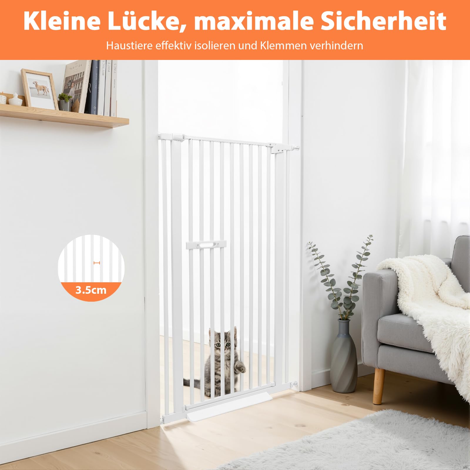 Rejilla protectora para mascotas (150 cm, ajustable), color blanco | Para puertas de pasillos de escaleras; sin taladrar; ancho ajustable (76-85 cm), ideal para perros y gatos, seguro y flexible