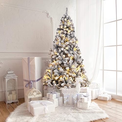 SPSUPE Artificial Christmas, Premium PVC Xmas Full, Flocked Snow Pine Tree with Solid Metal Stand, Ideal for Indoor and Outdoor (6FT), White, Christmas Tree