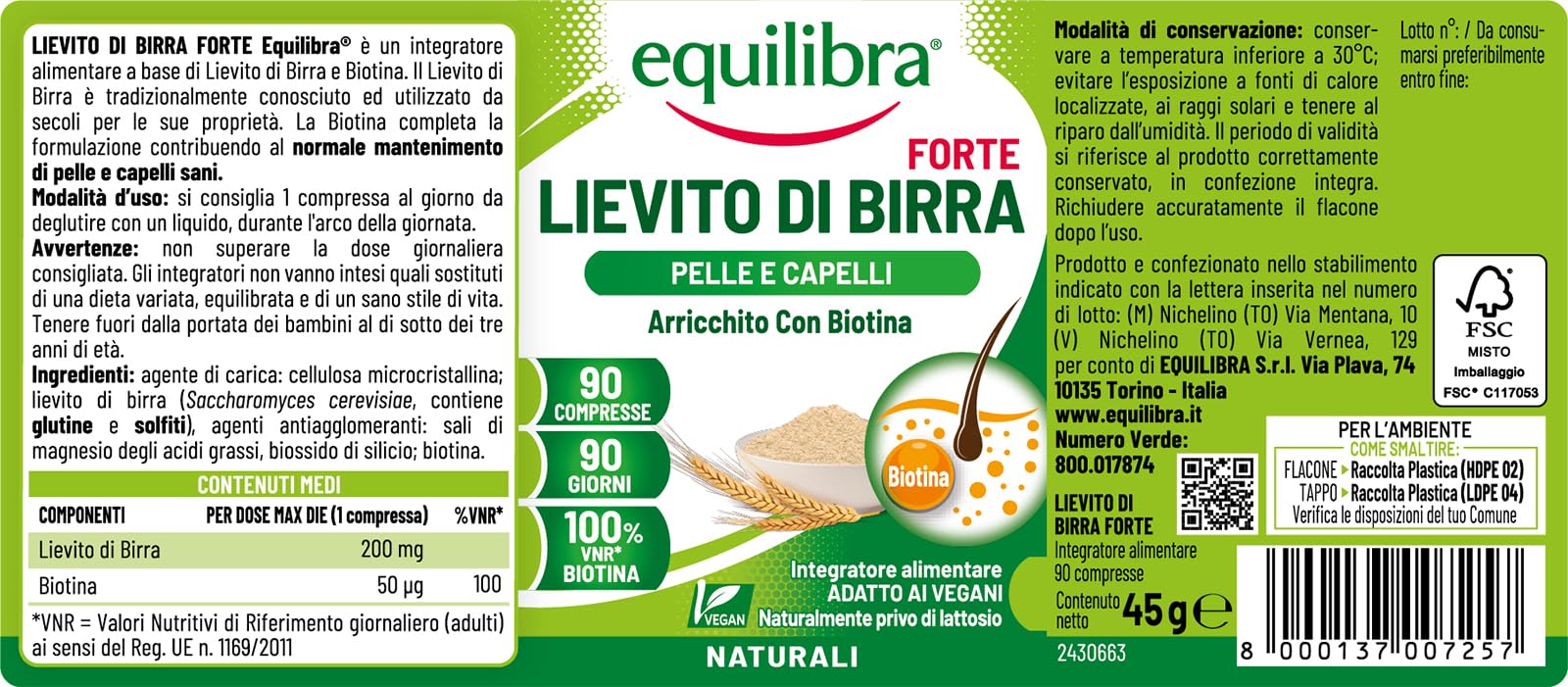 Equilibra Integratori Alimentari, Lievito di Birra Forte, Integratore Capelli e Pelle con Lievito di Birra e Biotina, 100% VNR di Biotina, Senza Lattosio, Vegano, 90 compresse