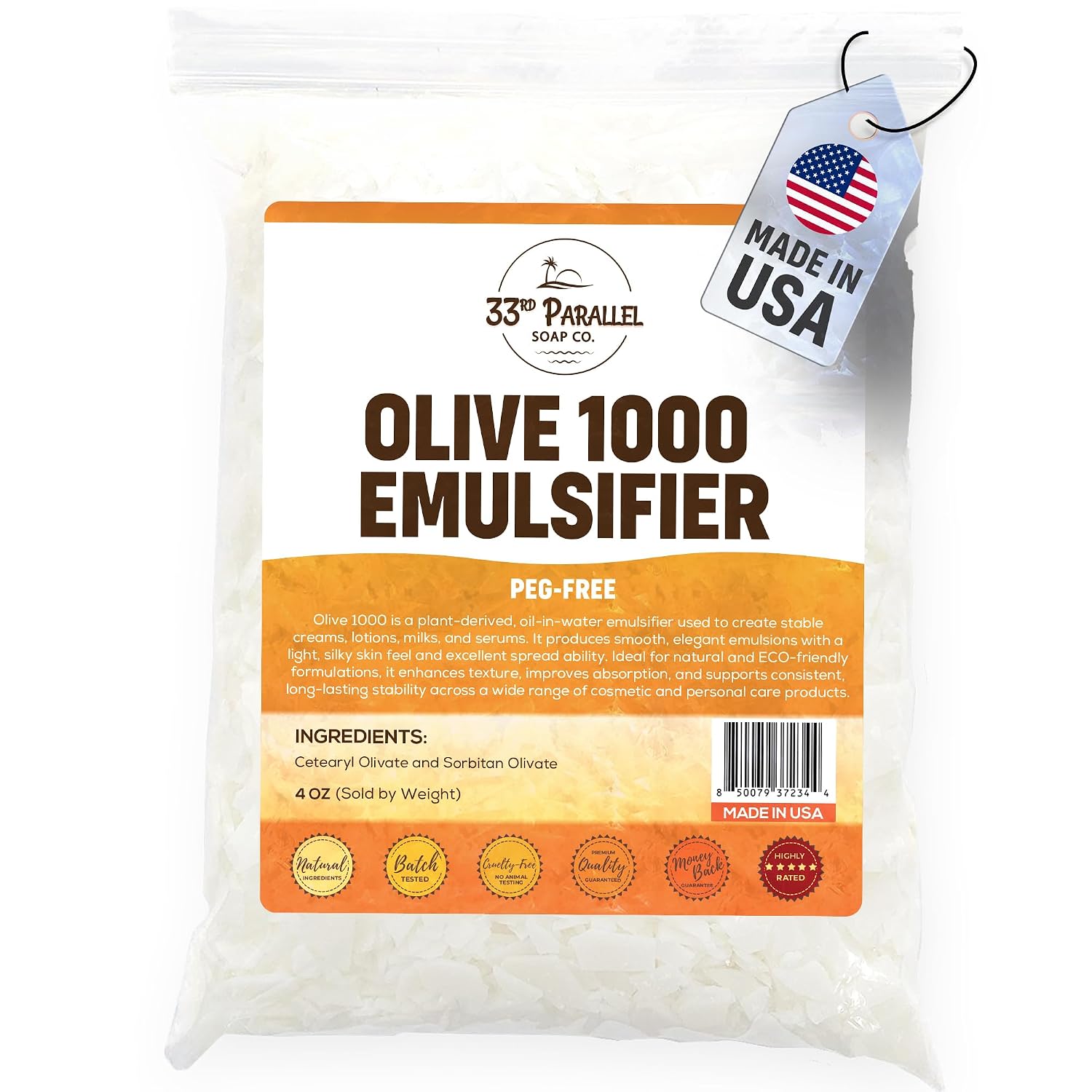 Olive 1000 Emulsifier (4oz) – Natural PEG-Free Emulsifying Wax for Lotion, Cream & Conditioner – Olive-Derived O/W Emulsifier for DIY Skincare & Haircare | 4 OUNCES