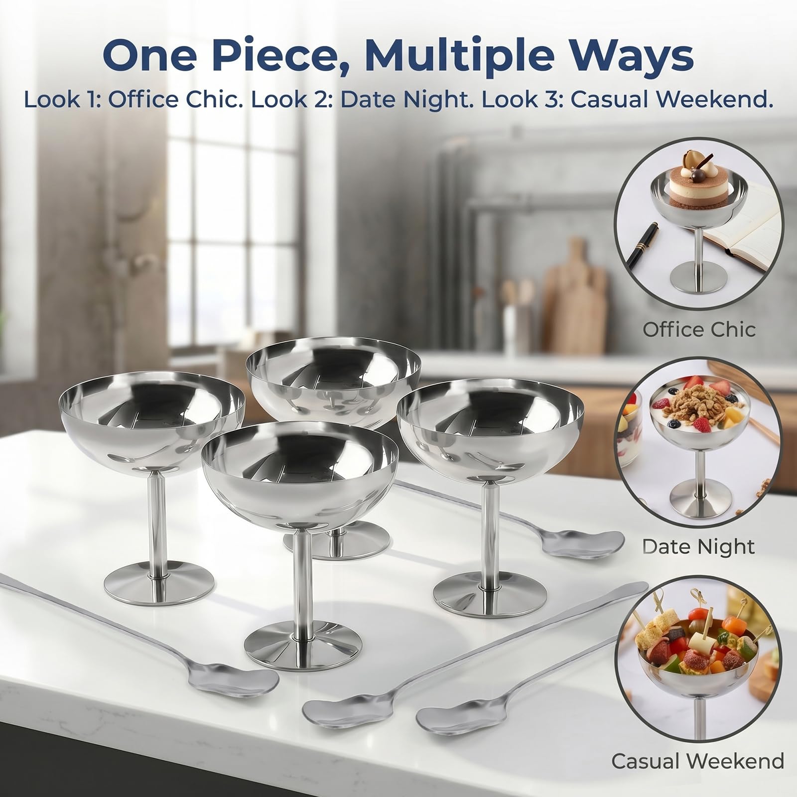 4 Stück Eisbecher Eisschalen Edelstahl Dessertschalen Dessertgläser 10cm 200ml Eiscreme Schalen Dessertbecher mit Standfuß Eiscreme Servierschale für Obst Salat Joghurt Hochzeiten Partys