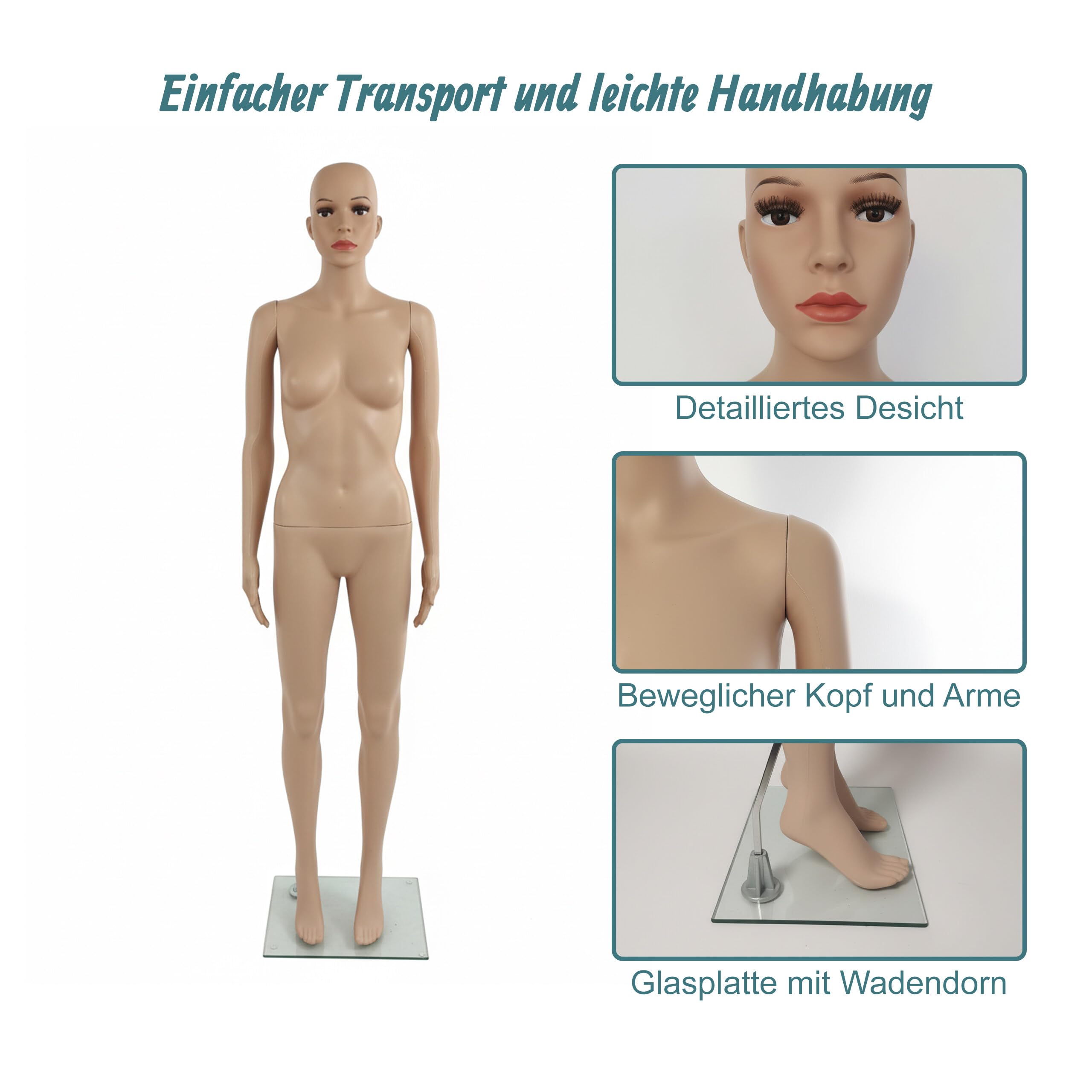 Relaxdays Schaufensterpuppe weiblich, lebensgroß, 175 cm, Kopf & Arme beweglich, Schneiderpuppe mit Glasständer, beige