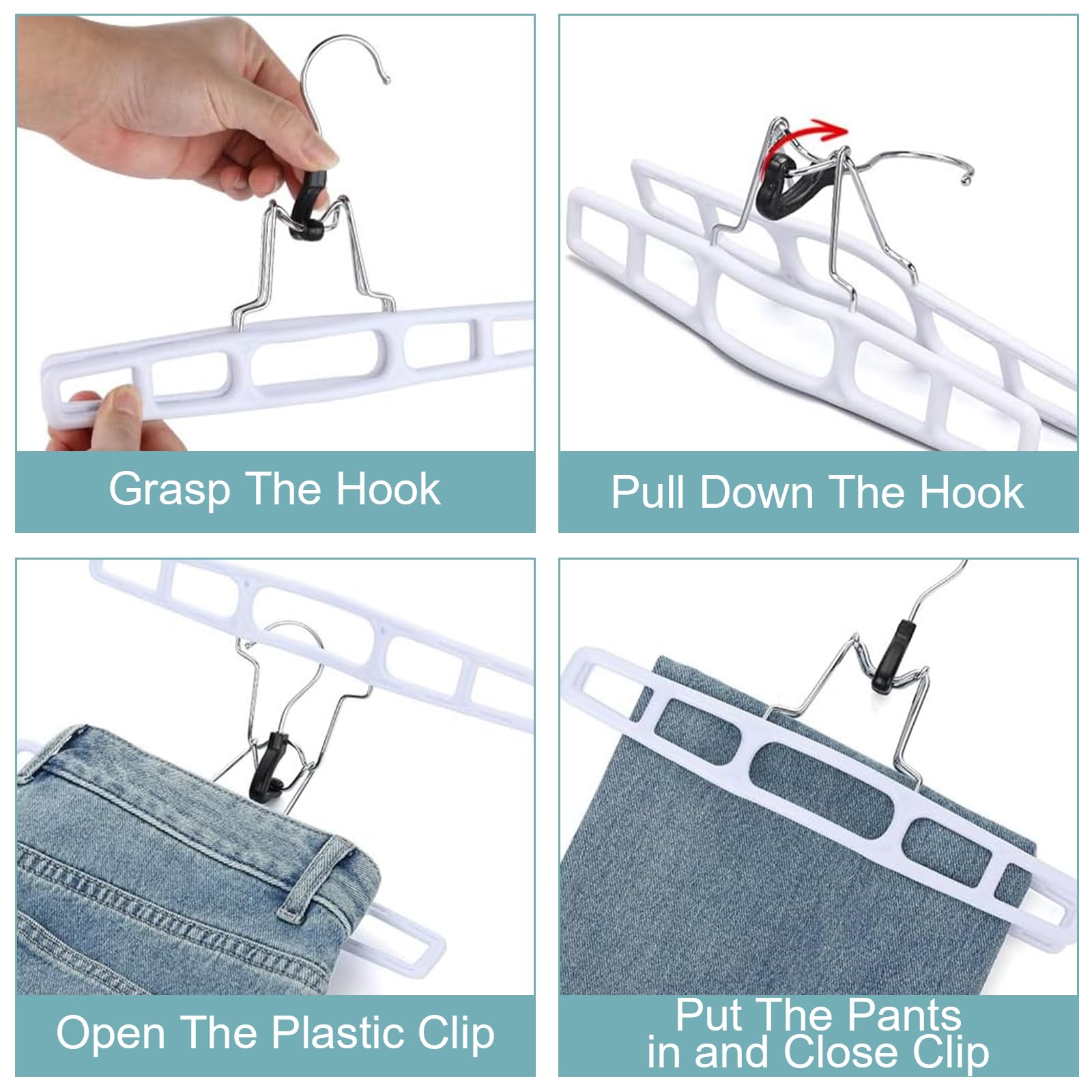 Confezione da 20 grucce bianche per pantaloni e gonne, regolabili, con clip, resistenti, con gancio girevole a 360°, per jeans, pantaloncini e vestiti