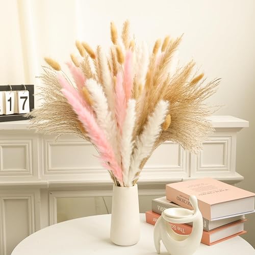 Natural Rustic Pampas Grass Bouquet – Neutral Tone Dried Floral Arrangement with Beige, White & Pink Accents for Cozy Home Styling (17Inche) (96PC Pampas Grass)