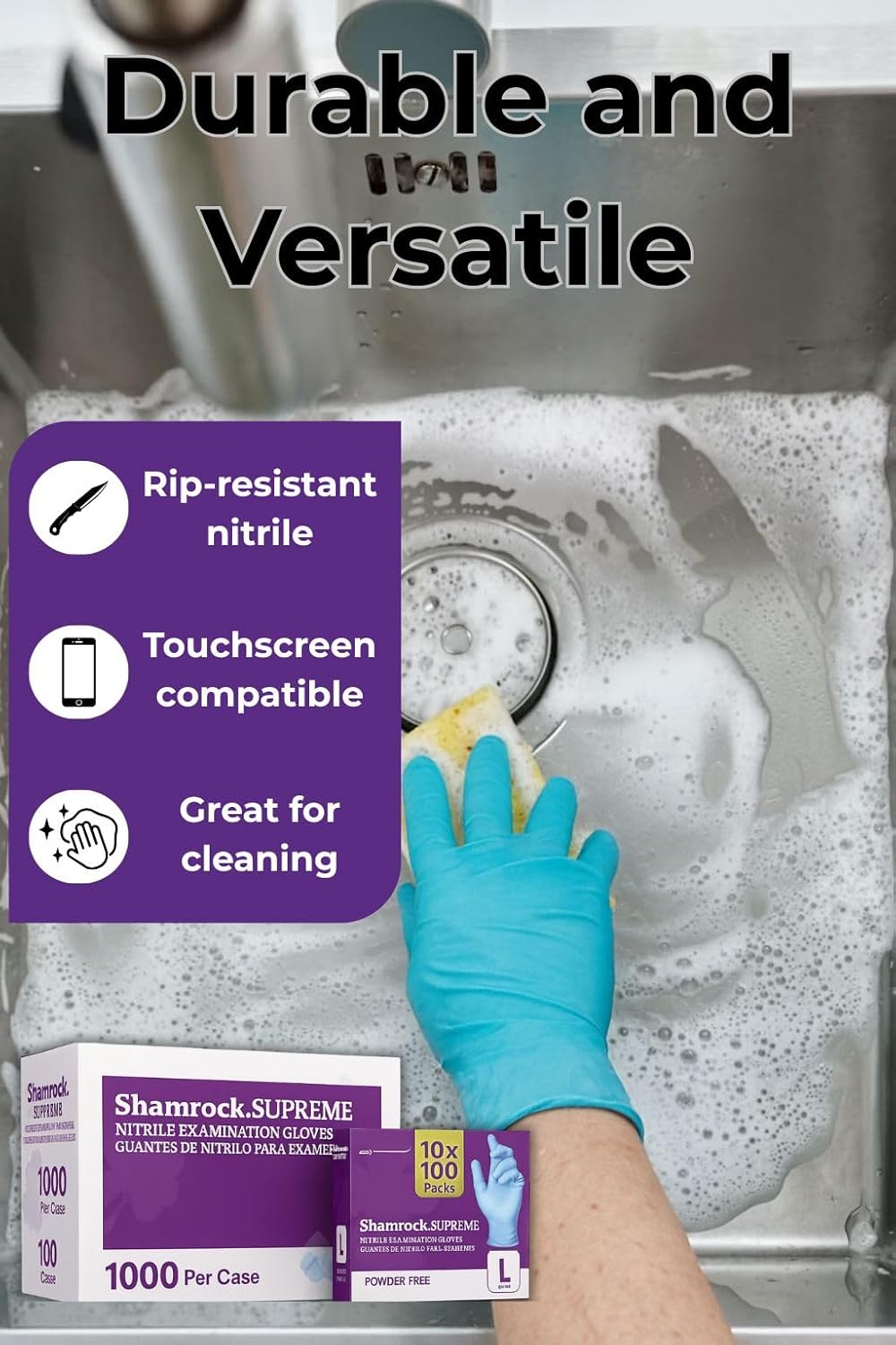 Shamrock Supreme Nitrile Gloves | Powder-Free, Latex-Free, Disposable, Size Large | Case of 10 Boxes (1,000 Gloves)