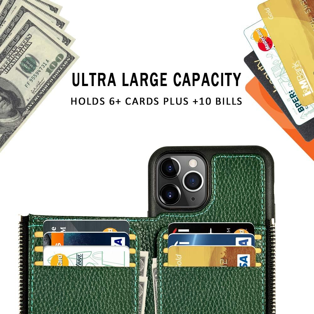 LAMEEKU iPhone 11 Pro Max Wallet Case, iPhone 11 Pro Max Leather Case, Shockproof Apple 11 Pro Max Credit Card Holder Cases with Zipper Wallet, Protective Cover for iPhone 11 Pro Max Midnight Green