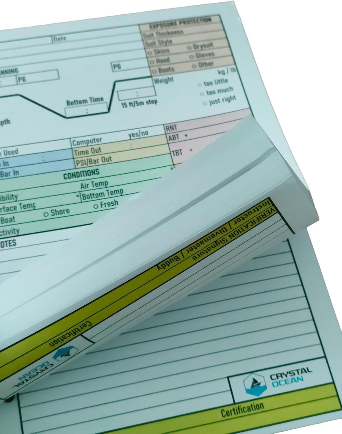 Crystal Ocean Dive Log Sheets (100 logs / 50 sheets) & Clipboard with No Decompression US Navy Dive Tables