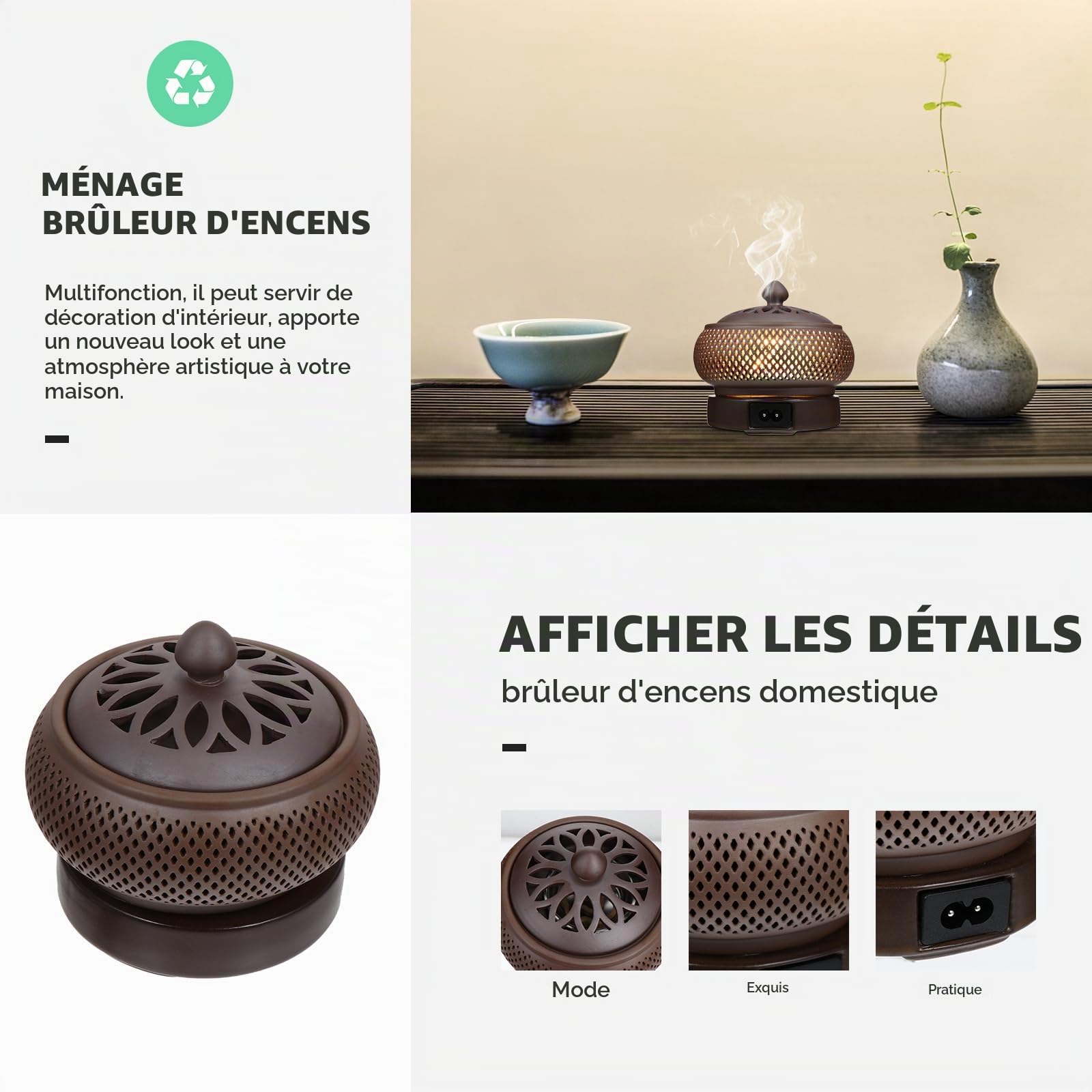 Doitool BrûLeur D'Encens ÉLectrique avec Minuterie Et RéGlage De La TempéRature Encensoir pour Salon Bureau HôTel DéCoration Portable 4.72X4.72X4.13In