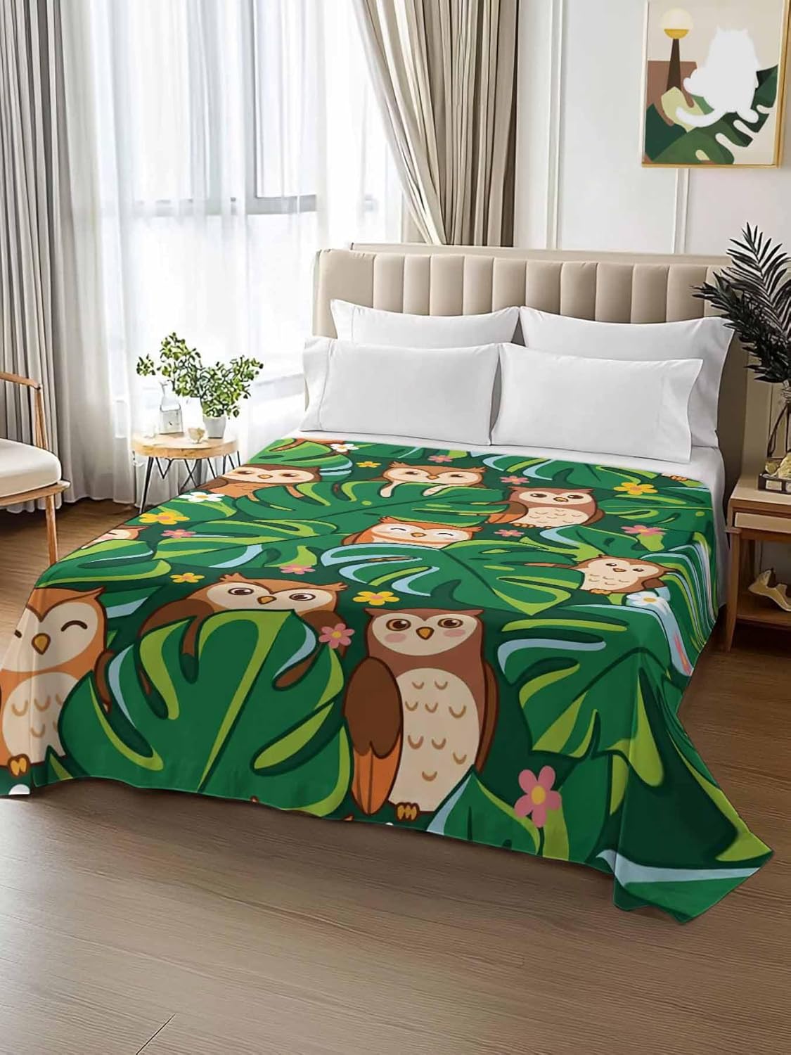 Full Size Flat Sheet Only, Cartoon Owls Green Palm Leaves Bed Top Sheet Soft Microfiber Breathable Bedding Flat Sheets, Summer Flower Leaf Top Sheets Hotel Luxury