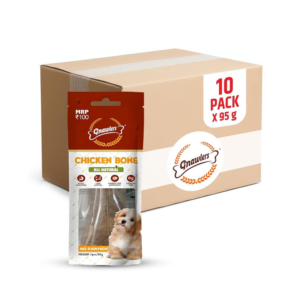Gnawlers Bone, Medium, Chicken, 95 g (Pack of 10)
