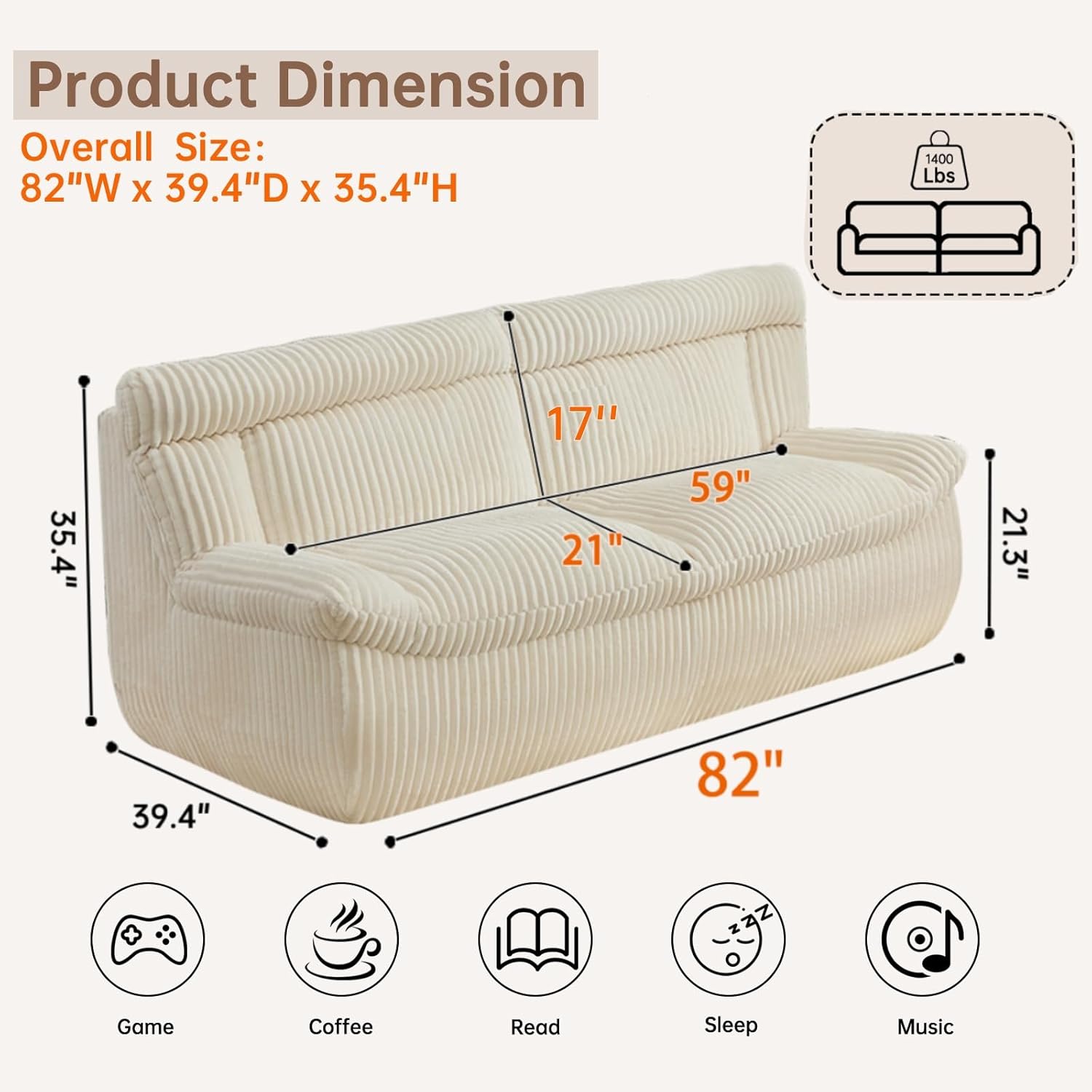 Boneless Loveseat Sofa, 82" Corduroy Oversized Cloud Couch 2 Seater with Deep Seat, Modern Love Seat Couch with Memory Foam, Beige Boneless Couches for Living Room, Apartment