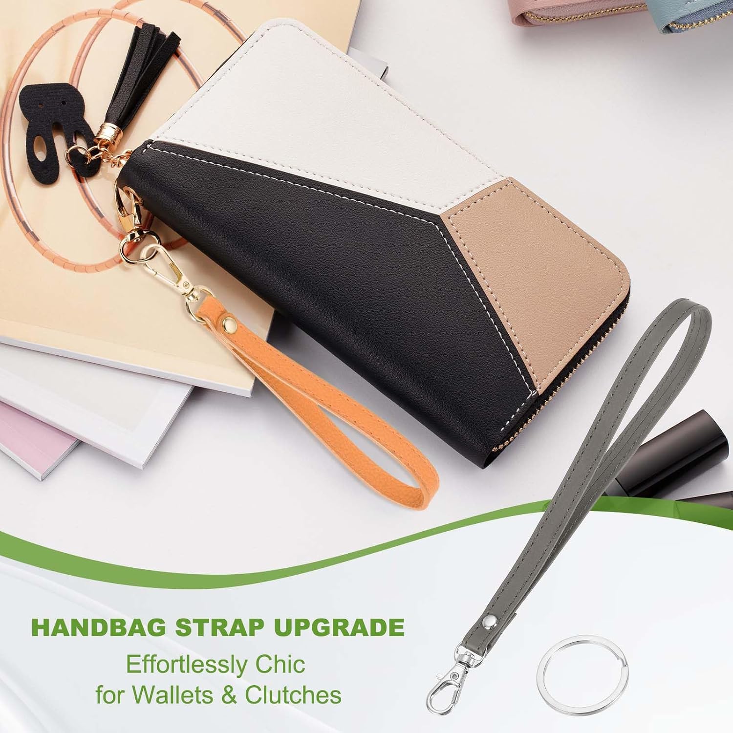 Wristlet Strap PU Leather Keychain Wristlet Lanyard Hand Strap Replacement with Rings Fit for Clutch Key image 5