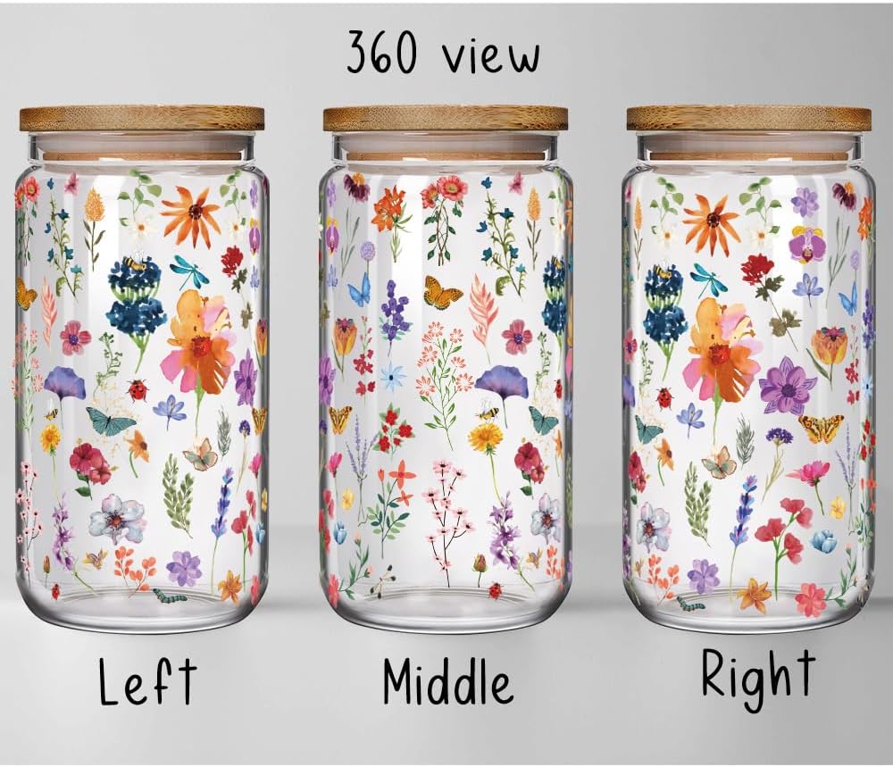 Aesthetic Floral 16oz Glass Cups with Bamboo Lids and Straws Wildflower Gift for Women, Cute Flower Drinking Glass with Cleaning Brushes, Christmas Flower Gifts for Mother Birthday Bridesmaid Party - Image 2