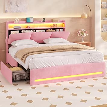 MSmask Queen Bed Frame with Storage Headboard & 4 Drawers, LED Bed Frame Queen Size with Charging Station, Velvet Upholstered Platform Bed with Curved Lines, No Box Spring Needed, Pink