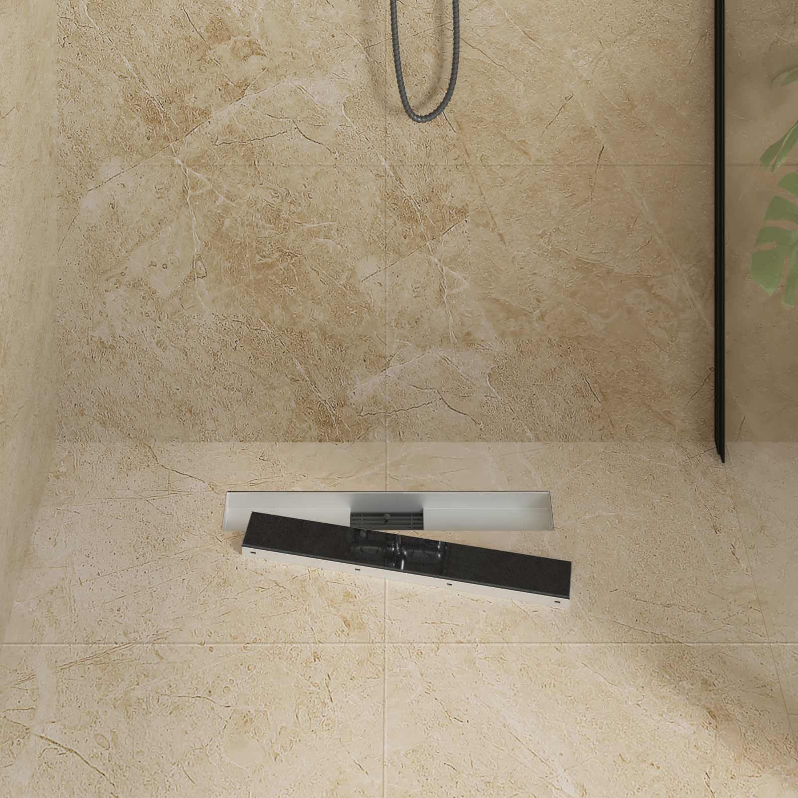 Desagüe de ducha de 60 cm negro con cubierta de cristal – Elegante canaleta de ducha de acero inoxidable para duchas parecidas al suelo – Desagüe de ducha delgado para baño