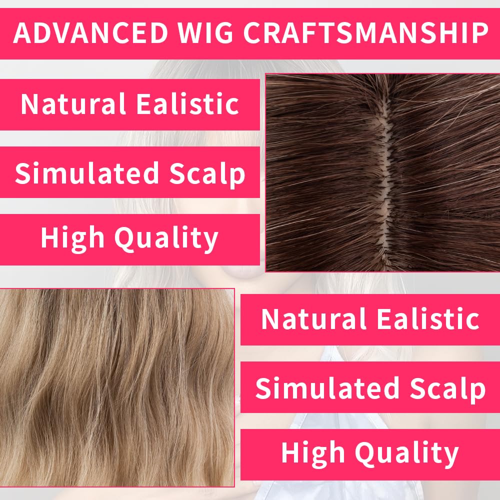 Short Bob Ombre Brown White Wavy Wigs with Bangs for Women Natural Shoulder Length Wig Women's Charming Heat Resistant Synthetic Wigs for Daily Party Use - Image 2