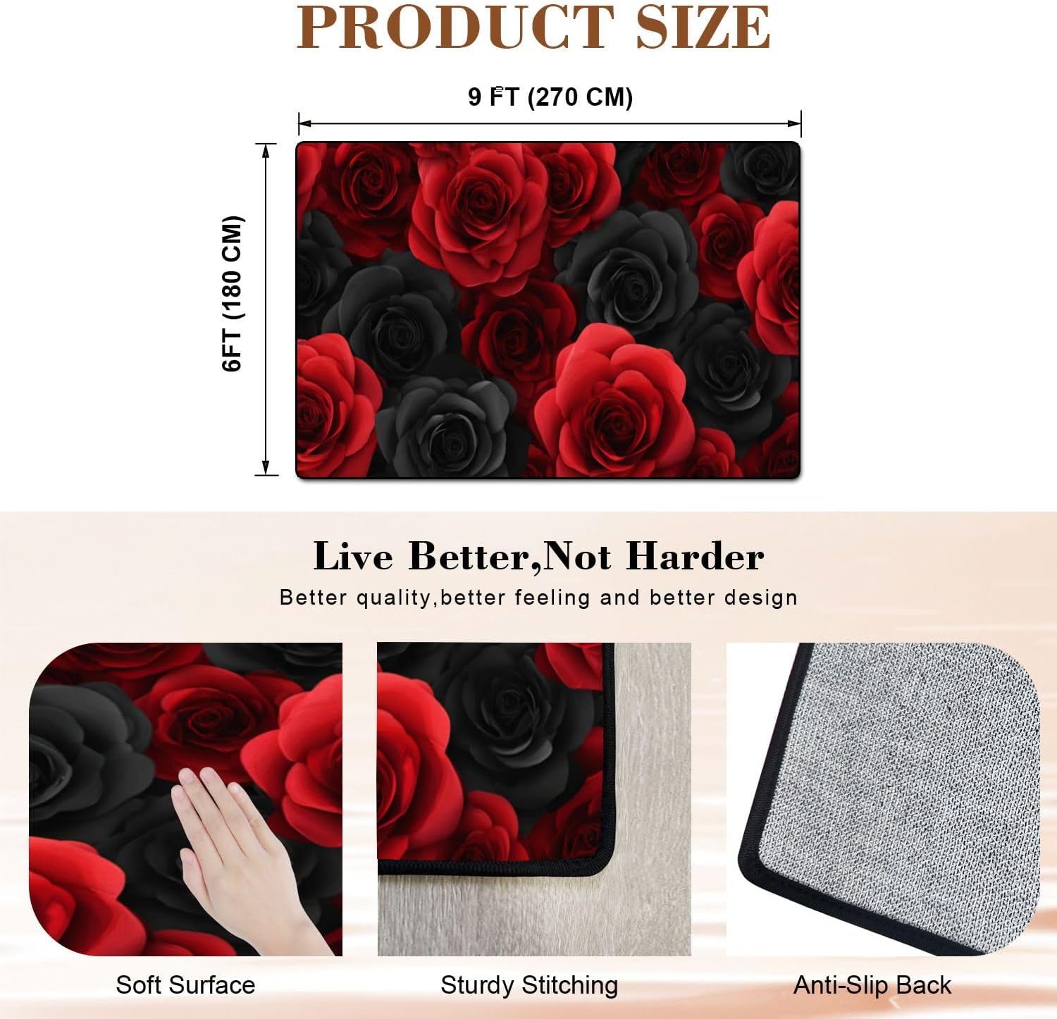 Washable Area Rug 6x9 for Living Room, Large Soft Red Black Roses Floral Dark Rugs for Bedroom Dining Room, Non-Slip Foldable Under Table Rug