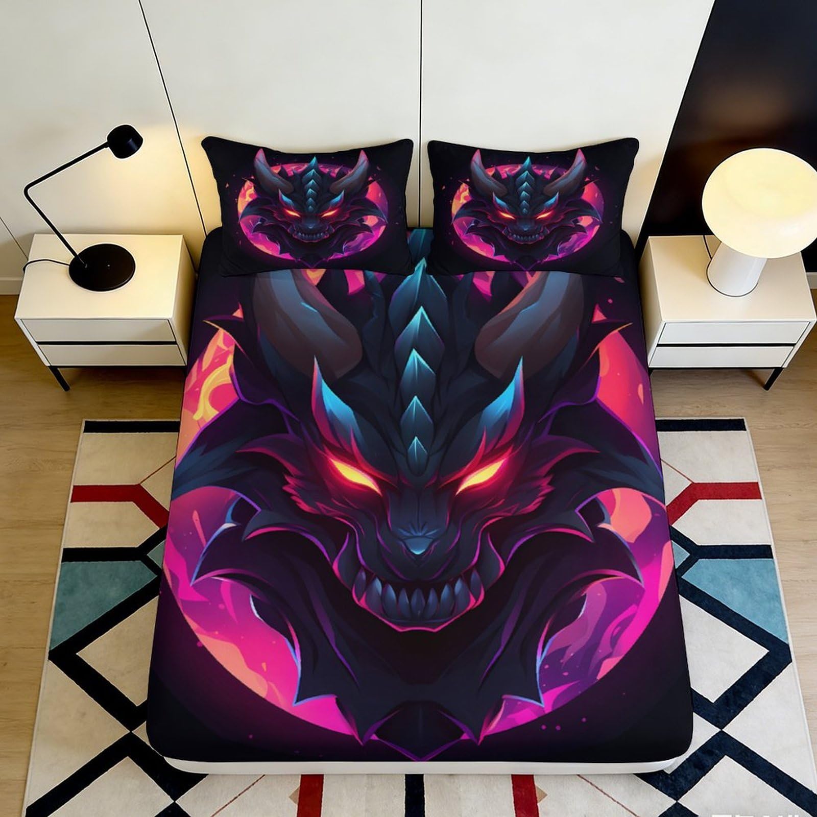 3D Printed Dark Wolf Fitted Sheet Microfiber Soft Breathable Neon Flame Bed Cover for Bedroom Dorm Mattress Protection Decor 90x200x25cm