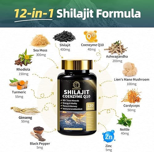 Miniatura 4 de Paquete de musgo marino y shilajit, suplementos todo en 1 con Shilajit 400 mg, musgo marino 680 mg, coenzima Q10, semilla negra, ashwagandha,