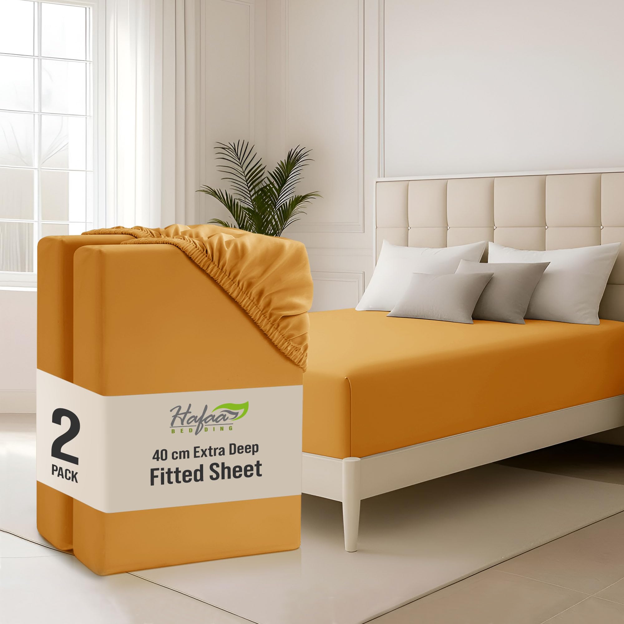 Hafaa Ochre Double Fitted Sheet 2 Pack 40Cm Deep Pocket 16 Inch Bed Sheets Hotel Quality Soft Brushed Microfiber Fabric Breathable Shrinkage Fade Resistant Bedsheet
