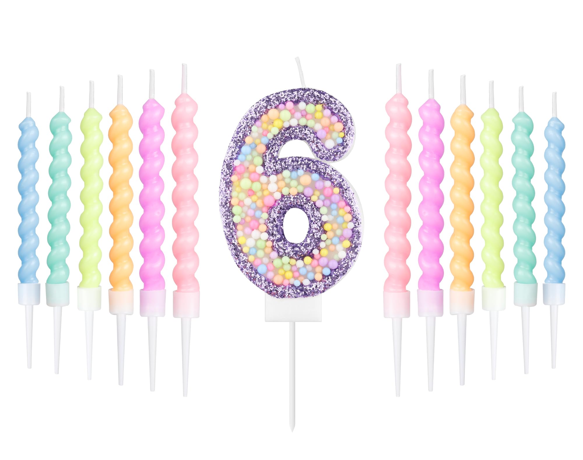 Purple Macaron 6th Birthday Candle with 12pcs Pastel Spiral Candles Set, Girls 6th Birthday Decorations Iridescent,Macaron Number 6 Candle for Cake,Kpop Themed Party Decoration,Baby Showers Supplies