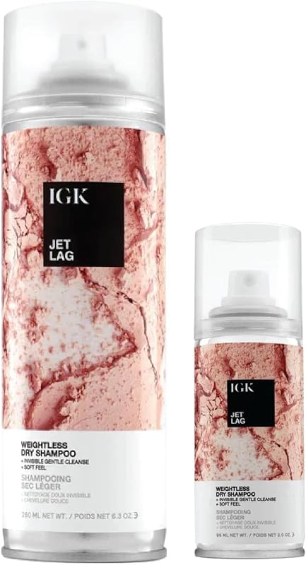 IGK Jet Lag Invisible Dry Shampoo Spray, No White Residue, 6.3 Oz + 2 Oz | Full Size + TSA-Friendly Travel Size, Refreshes Between Washes + Absorbs Oil, Invisible on All Hair Colors, Vegan