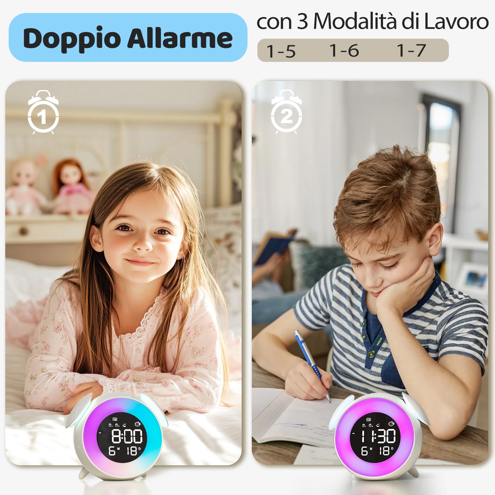 Sveglia Bambini, Sveglia Digitale da Comodino Ricaricabile con 15 Colori Luce Notturna, Simulazione Alba/Tramonto, 2 Allarme, Snooze, 7 Suonerie, Modalità Weekend, 12/24 Ore