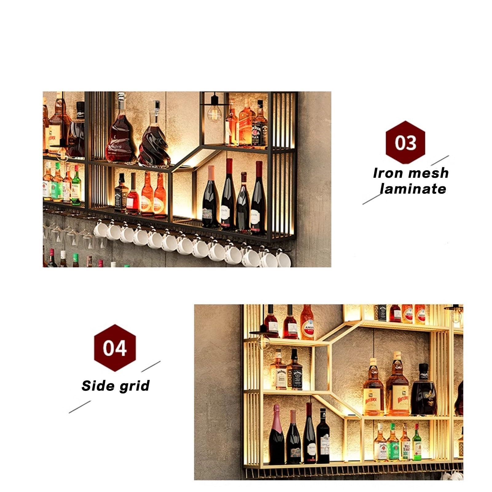 Portabottiglie da parete a LED, in metallo, con mensole e supporto per vino galleggiante, per cucina e bar di casa, elegante design nero, perfetto per gli amanti del vino e l'intrattenimento