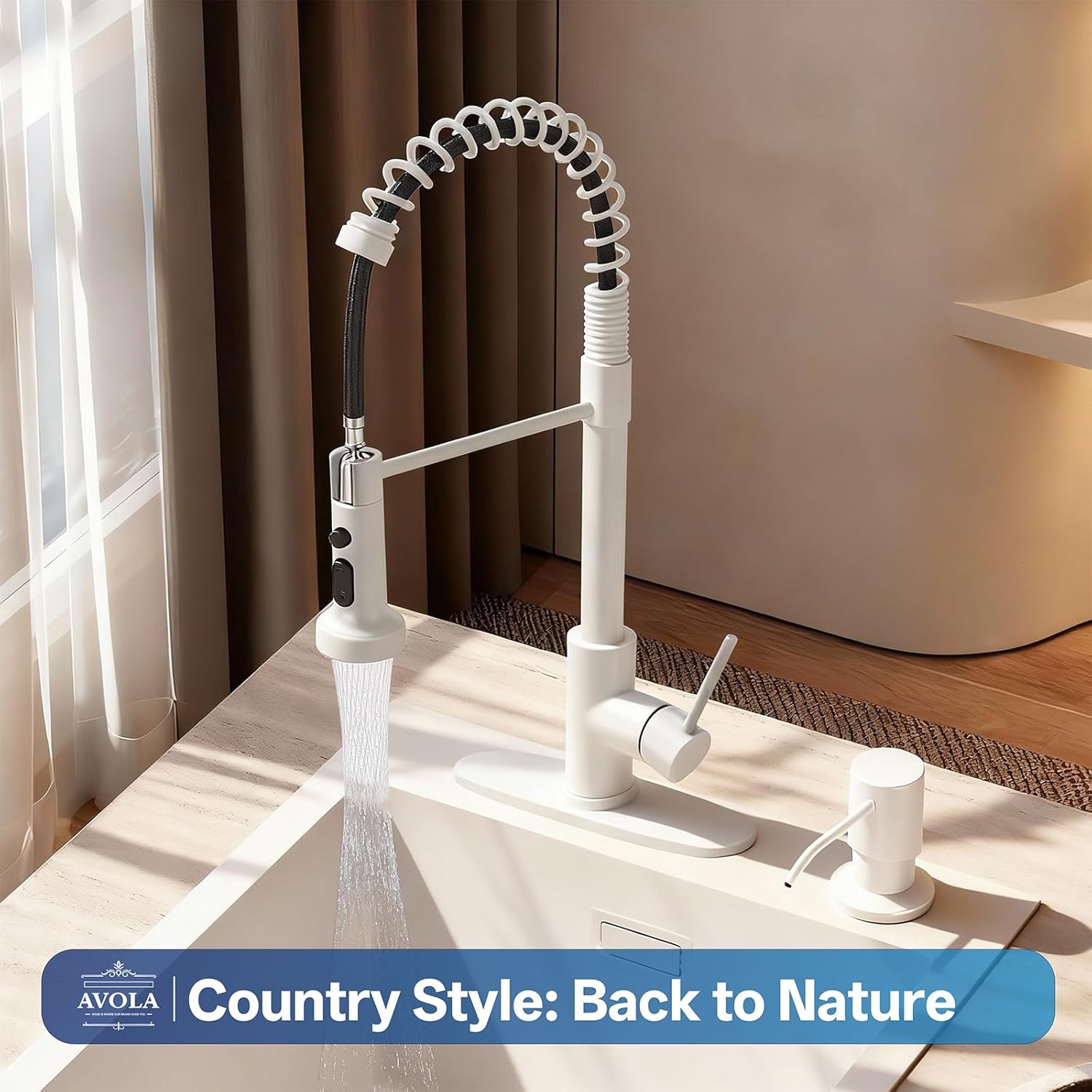 White Kitchen Faucet,Spring White Kitchen Sink Faucet with Pull Down Sprayer and Deck Plate, High Arc Single Handle Classic Stainless Steel Sink Faucets,Suitable for Farmhouse Camper Laundry Rv Bar