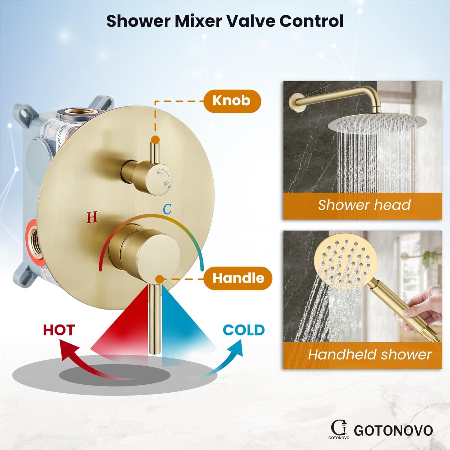 gotonovo Rain Shower System with 10 Inch Round Showerhead and Handheld High Pressure Shower Faucet Set Contain Rough in Valve, Brushed Gold - Image 4