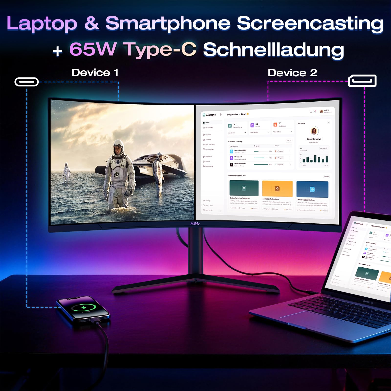 Gaming Monitor, 65W USB-C: 34 Zoll Curved 180Hz 4K | 4K (3440 x 1440 UWQHD) Ultrawide 21:9 Monitor Gaming 1500R VA. 180Hz, 1ms, 99% sRGB. HDMI 2.1, DP 1.4, RGB, höhenverstellbar