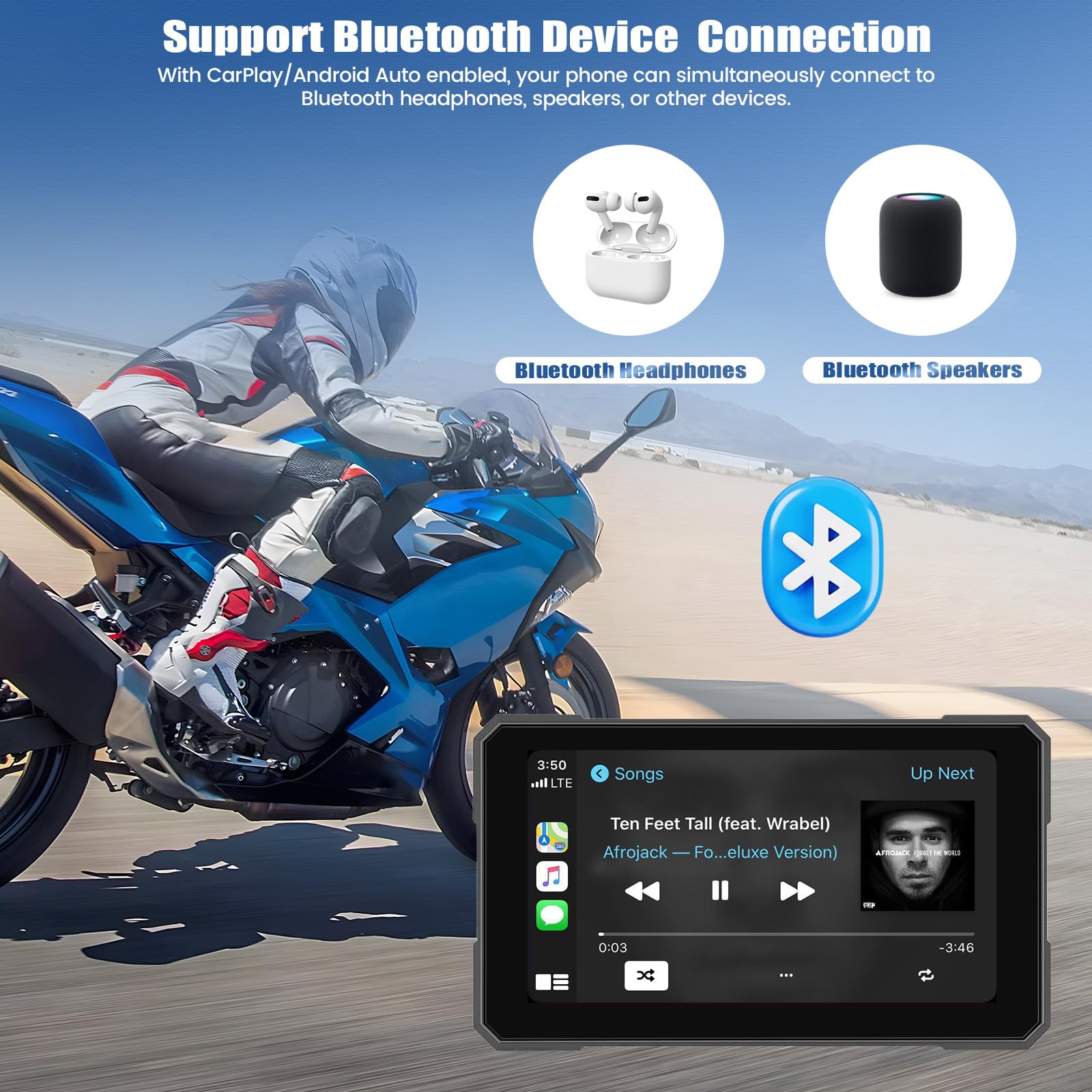SIXWIN Pantalla Moto 5 Pulgadas con CarPlay/Android Auto Inalámbrico, Navegador GPS, IP68 Antiaqua, Soporte Universal Ajustable, Compatible con Monitoreo de Presión, Pantalla HD para Motocicleta